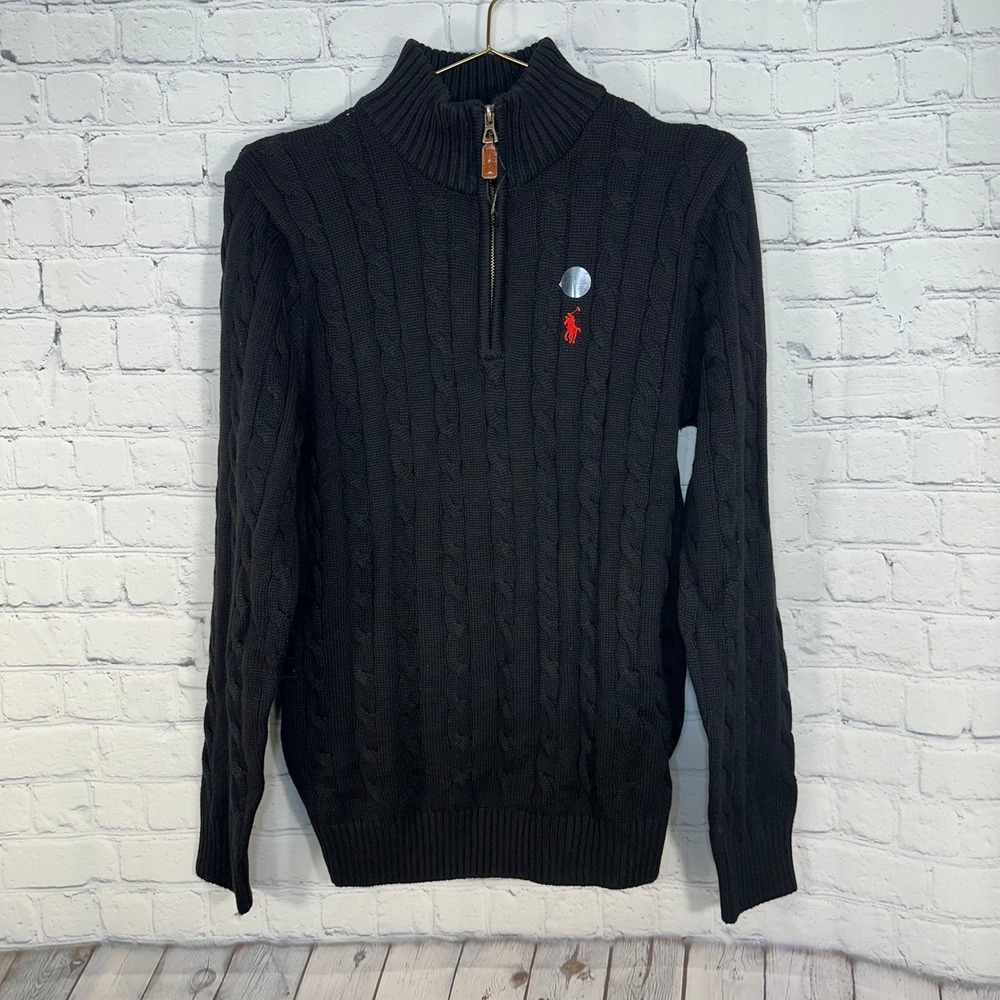 Polo Ralph Lauren Mens Black Cable Knit Quarter Zip Cotton Sweater Medium Slim